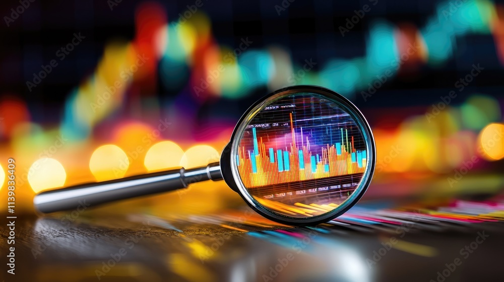 Poster data analysis action through a magnifying glass office environment visual content close-up perspecti