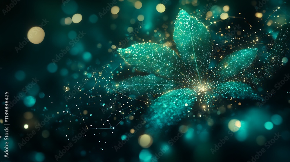Poster sparkling neon abstract flower with glowing particles and bokeh background in deep teal and green to