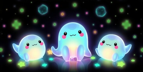 A group of three small, colorful, cartoonish creatures are sitting on a starry background. The creatures are smiling and appear to be happy