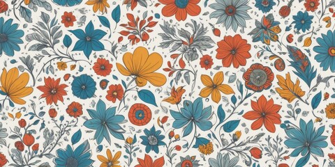 A floral patterned fabric with blue, orange, and white flowers. The flowers are arranged in a way that creates a sense of movement and depth. Scene is one of beauty and tranquility