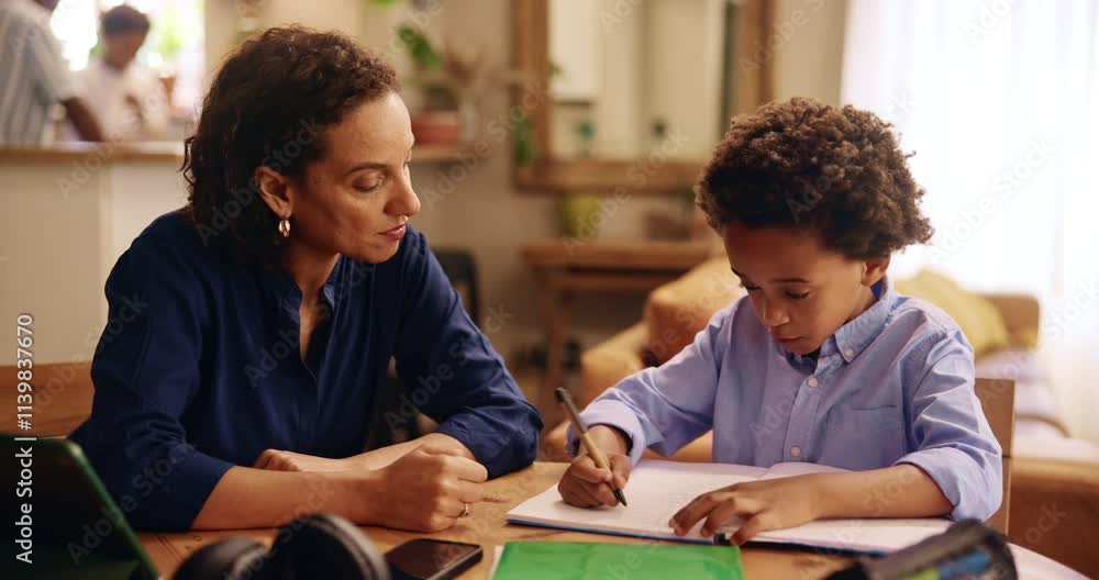 Poster mother, boy and help with homework in home for education, learning and activity support with care. f