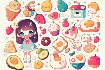 A colorful illustration featuring cute food items and a girl character.