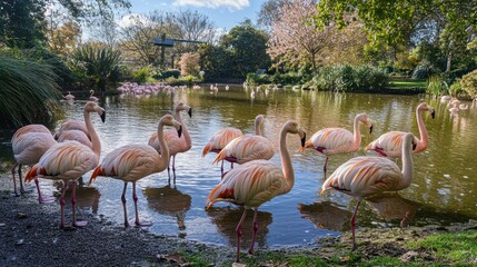 Pink flamingos in a pond at a zoo.