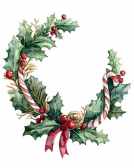 Naklejka premium Watercolor Christmas wreath with holly, berries, candy canes, and ribbon.