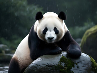Fototapeta premium Sad panda contemplates life on a rainy day captured in a serene natural environment
