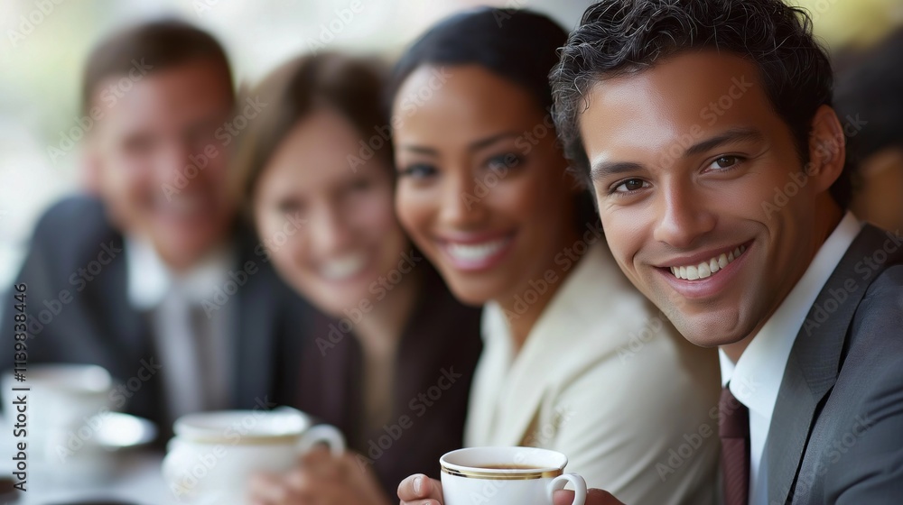 Poster a man and four women are sitting at a table with cups in front of them