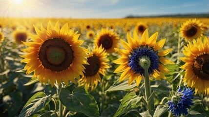 Obraz premium Sunlit Sunflower Field with Cornflower