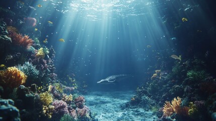 Obraz premium Underwater coral reef scene with sunlight rays, diverse fish, and marine life.