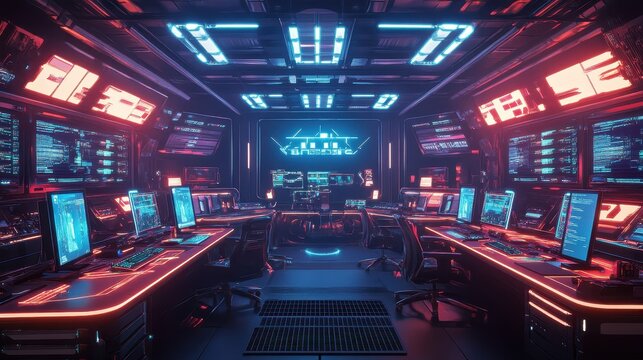 A computer room with many computers and a neon sign that says "Caltech"