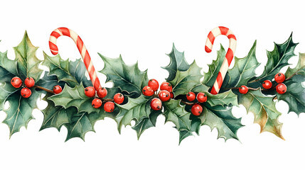 Fototapeta premium Watercolor holly berry and candy cane garland border.