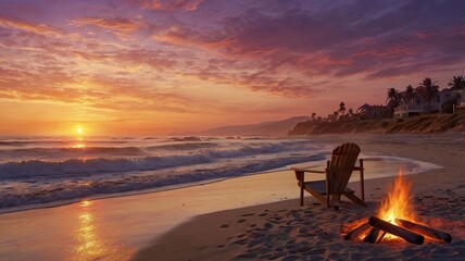 Obraz premium Sunset Beach Bonfire: A solitary Adirondack chair sits by a crackling fire on a sandy beach as the sun sets over the ocean, casting a warm, inviting glow on the scene.