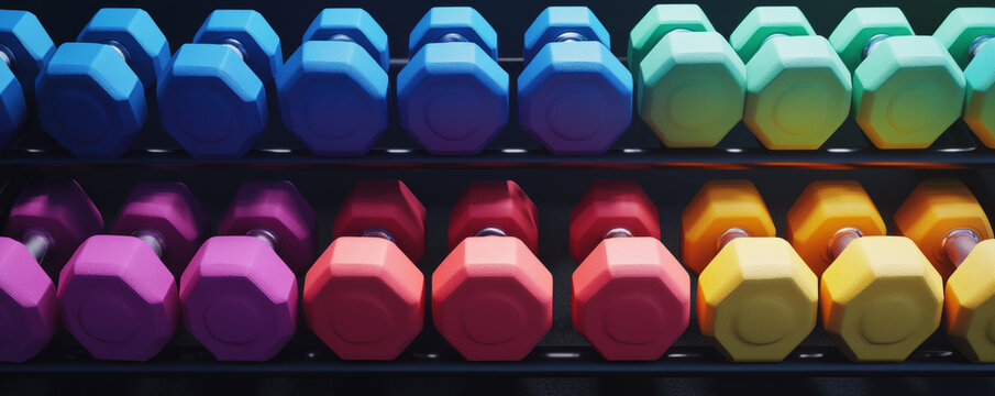 Colorful neoprene dumbbells arranged in ascending order on rack, showcasing vibrant gradient of colors from blue to yellow, ideal for fitness and gym settings