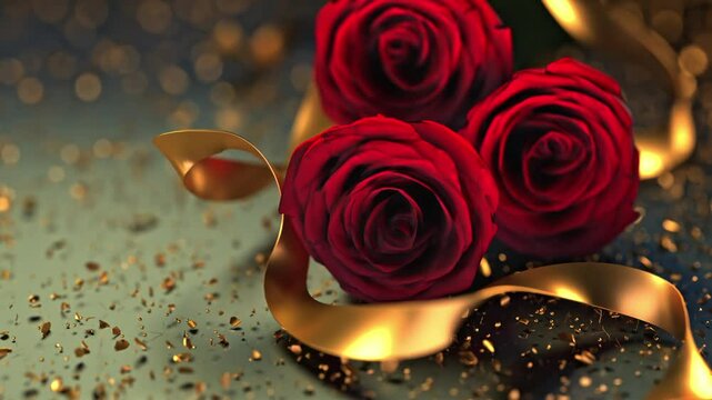 Red roses and a gold bow sparkle with golden glitter on a dark backdrop. An elegant and romantic setting for Valentine&rsquo;s or special celebrations.