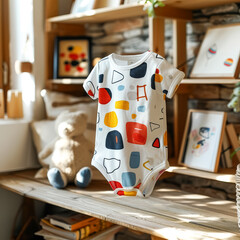 Baby's outfit with a colorful design is hanging on a wooden shelf