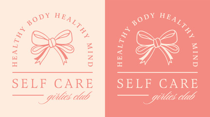 Self care girlies girls club quotes healthy body healthy mind women mental health community logo shirt design. Cute retro coquette demure fancy bow ribbon pink aesthetic event invitation card print.