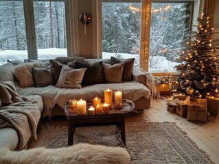 Cozy Winter Living Room Scene With Christmas Tree And Candles