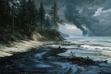 Dark, stormy coastal scene; oil spill near forest.