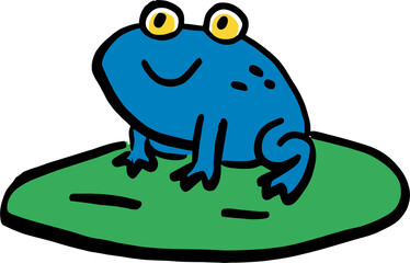 Colorful Cartoon Frog Sitting on Green Lily Pad with Yellow Eyes - Fun and Whimsical Nature Art