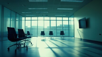 Empty modern conference room with large windows. Sunlight streams in, casting shadows on the floor.
