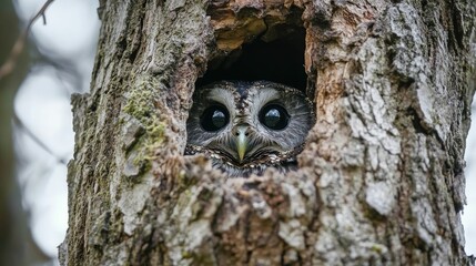 Obraz premium Owl peering from tree hollow, large eyes.