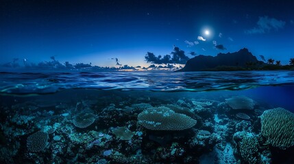 Moonlit ocean with coral reef, symbolizing marine conservation.