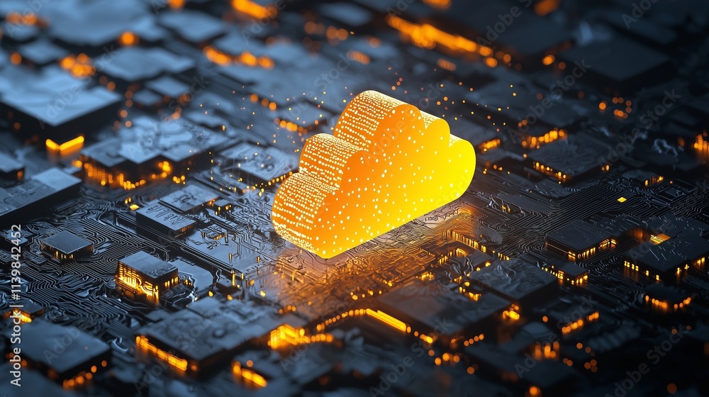 Poster a glowing cloud icon on a circuit board symbolizes cloud computing and iam roles.