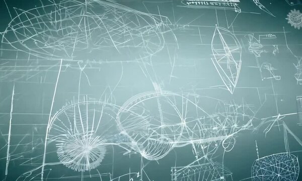 A chalkboard filled with mathematical equations and diagrams.