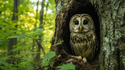 Owl perched in tree hollow, forest background.