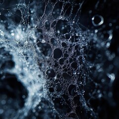 sharp macro photo of a dew-covered spiderweb, macro lens capturing fine details, natural light, and extreme close-up for clarity.