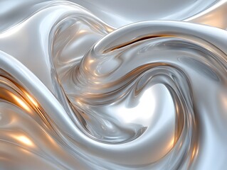 Abstract background of a white, silver and golden fluid, swirling wavy texture resembles liquid metal, with metallic appearance. 