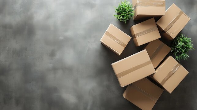 Cardboard boxes and plants symbolize office relocation and new beginnings.