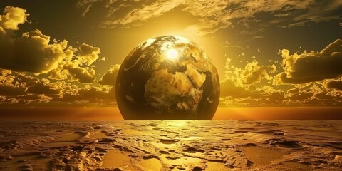 Glowing earth emerging from a golden desert under a dramatic sky with sun rays breaking through the...