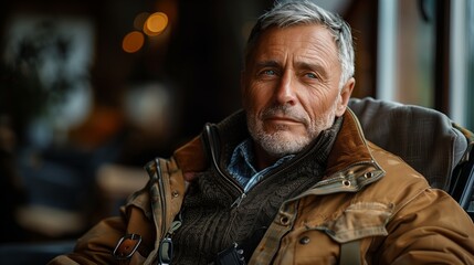 Fototapeta premium Elderly man with gray hair wearing warm clothing indoors