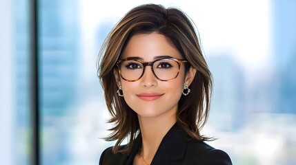 Professional woman's panoramic frame, isolated with crisp lighting, headshot highlighting her corporate persona for business media use