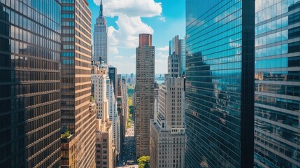 Obraz premium A city view with many tall buildings and a street with cars