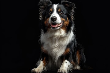 Fototapeta premium Happy Border Collie dog sitting on black background with studio-quality lighting, hyper-realistic full-body shot with high contrast and details.