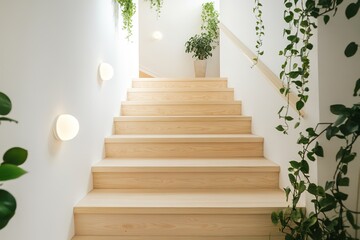 Obraz premium Bright wooden staircase with plants and wall lights