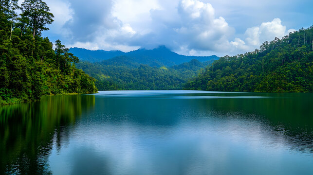 Serene mountain lake surrounded by lush forests and rolling hills