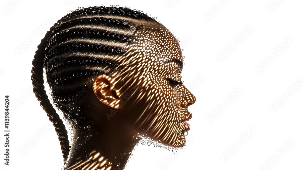 Wall mural silhouette of wet braids, water droplets on young woman's face, serene expression, gentle lighting, isolated on white background