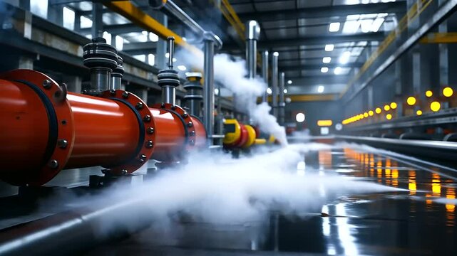 An advanced industrial air compressor system operating under high capacity, with steam and slight vibrations adding realism to the dynamic factory setting.