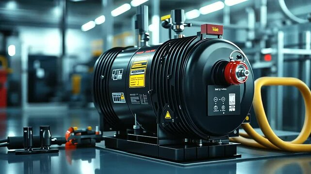 A large industrial air compressor surrounded by labeled safety equipment and maintenance tools, all arranged neatly in a modern factory environment.