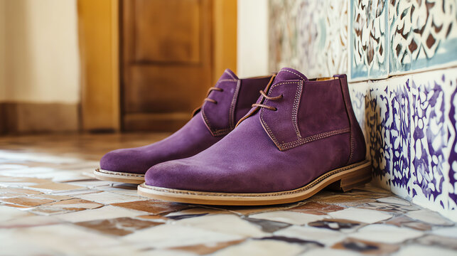 Purple suede desert boots on mosaic tiles