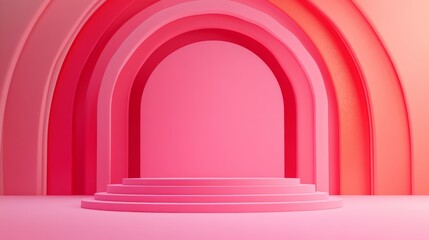 Abstract Pink and Red Archway Background with a Stage. 3D Product Podium.