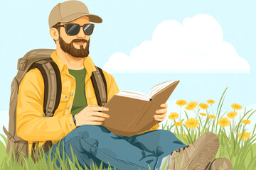 Fototapeta premium A man is sitting in a field reading a book. He is wearing a yellow jacket and sunglasses