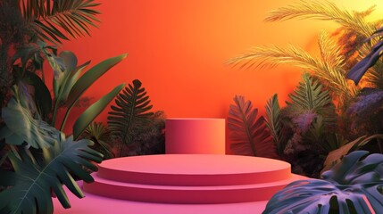 Obraz premium Tropical Summer Product Display Stage with Pink Platform and Lush Greenery. 3D Product Podium.