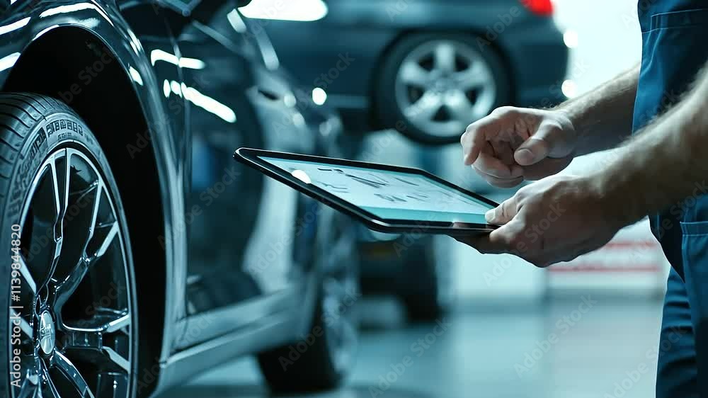 Poster a detailed shot of a mechanic in the act of recording tire pressure data on a tablet while checking 