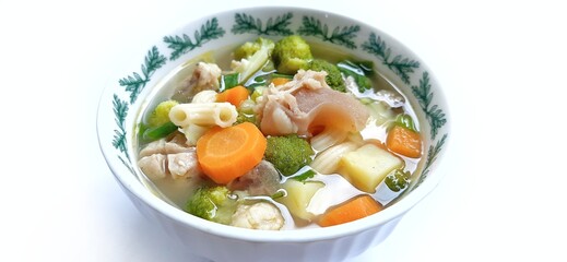 Sayur sop or vegetable with meat soup on the plate. indonesian popular culinary. Healthy food