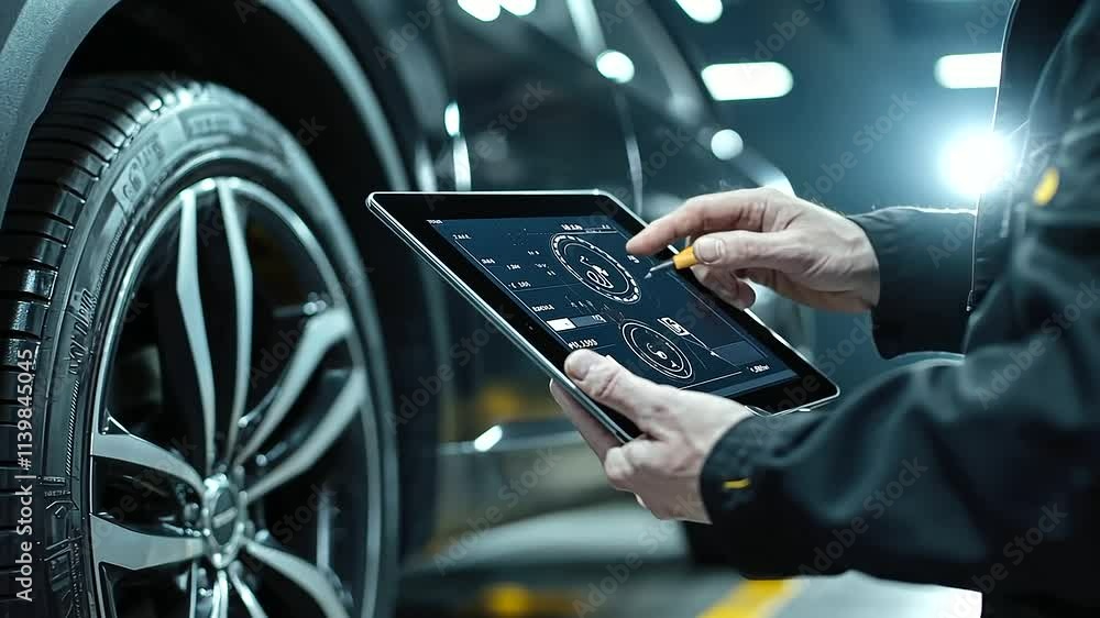 Poster a detailed shot of a mechanic in the act of recording tire pressure data on a tablet while checking 