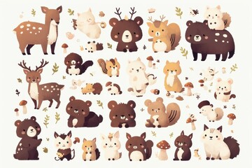 Obraz premium A whimsical illustration featuring various cute forest animals and mushrooms.