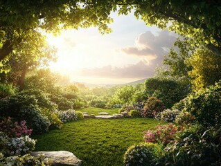 Naklejka premium Tranquil sunset garden with blooming flowers nature landscape serene environment scenic view dreamy concept